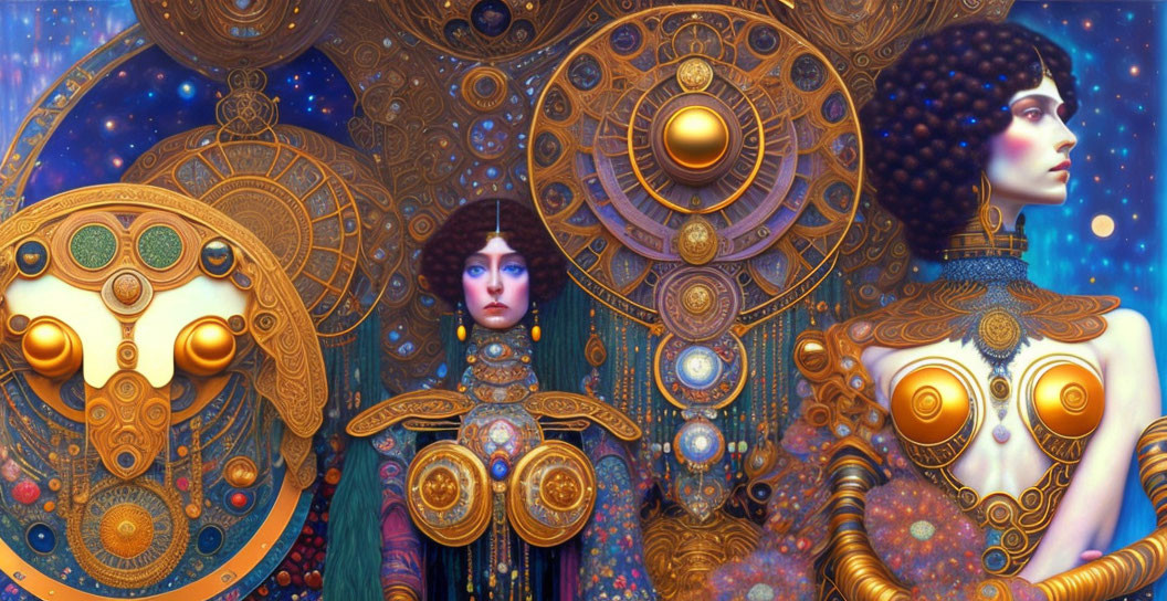 Ornate artwork of two stylized women in elaborate costumes surrounded by celestial mechanical structures