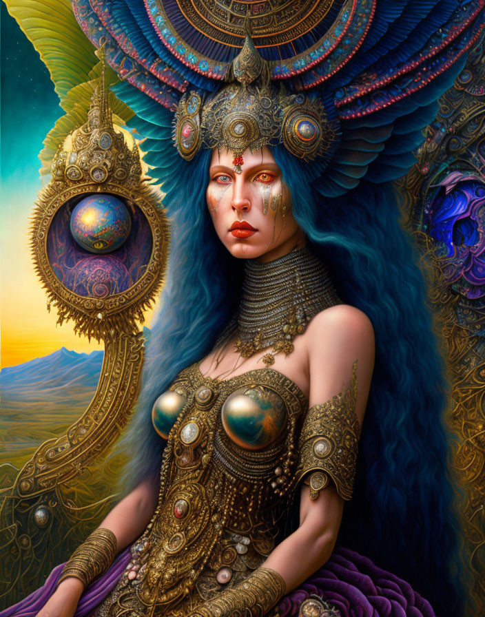 Fantasy artwork: Blue-skinned woman in ornate jewelry on vibrant celestial backdrop