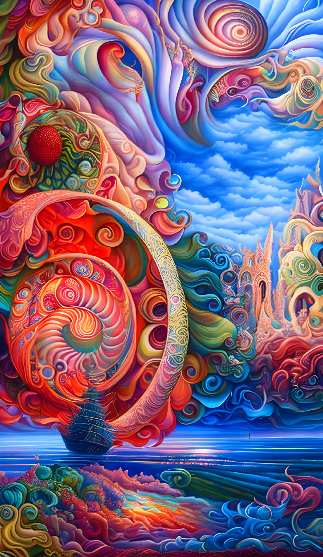 Colorful surreal painting: ship on swirling sea with fantastical landscape