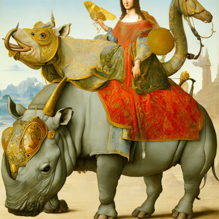 Renaissance woman on armored rhinoceros with golden rectangle