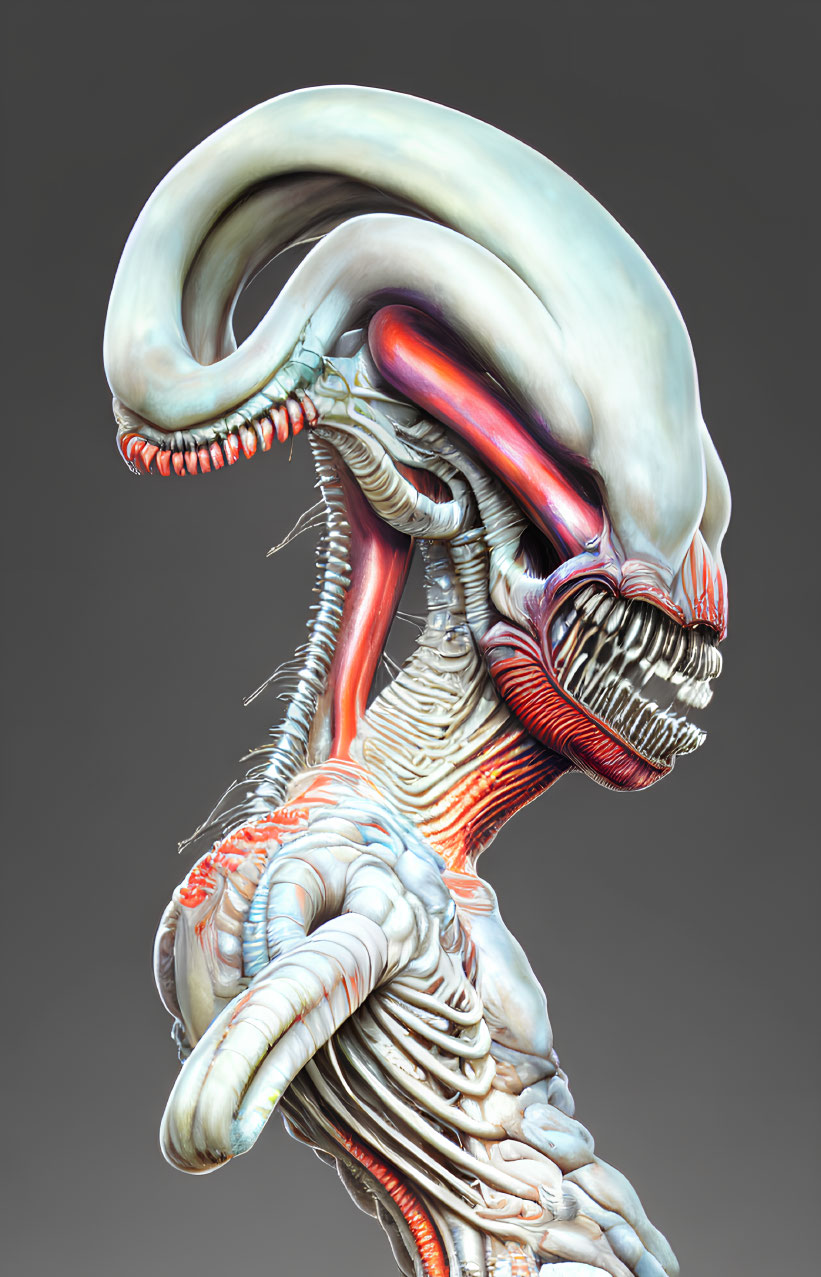 Digital Artwork: Alien Creature with Elongated Skull and Exposed Muscular Skeleton