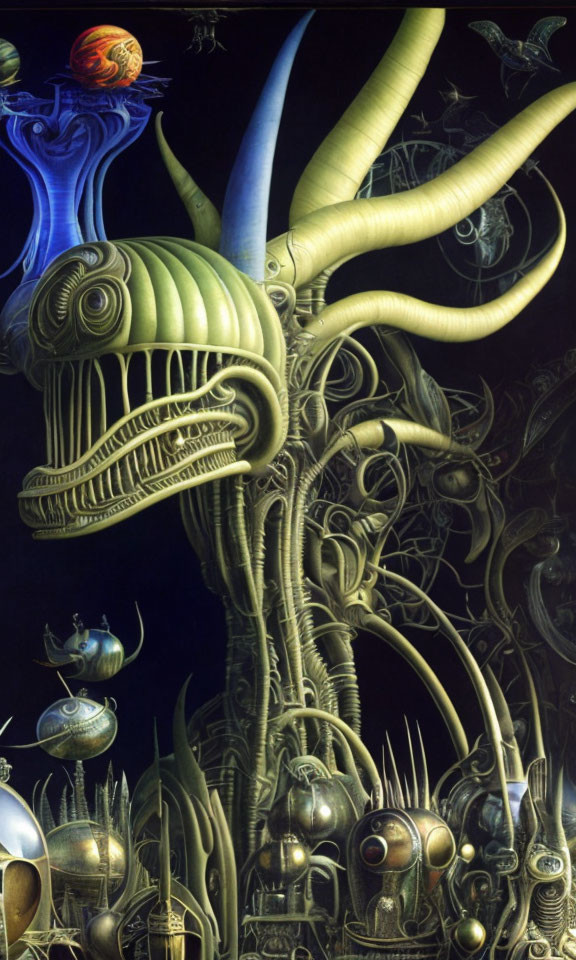 Surreal biomechanical painting: horned heads, tubular structures, hovering orbs