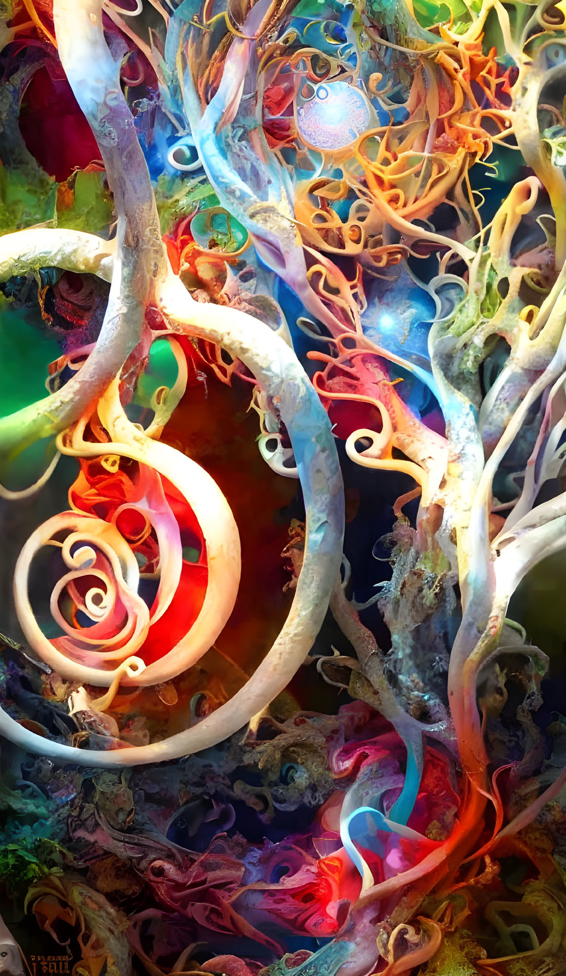 Colorful abstract digital artwork: Twisted tree-like forms with intricate patterns and vibrant, organic landscape.