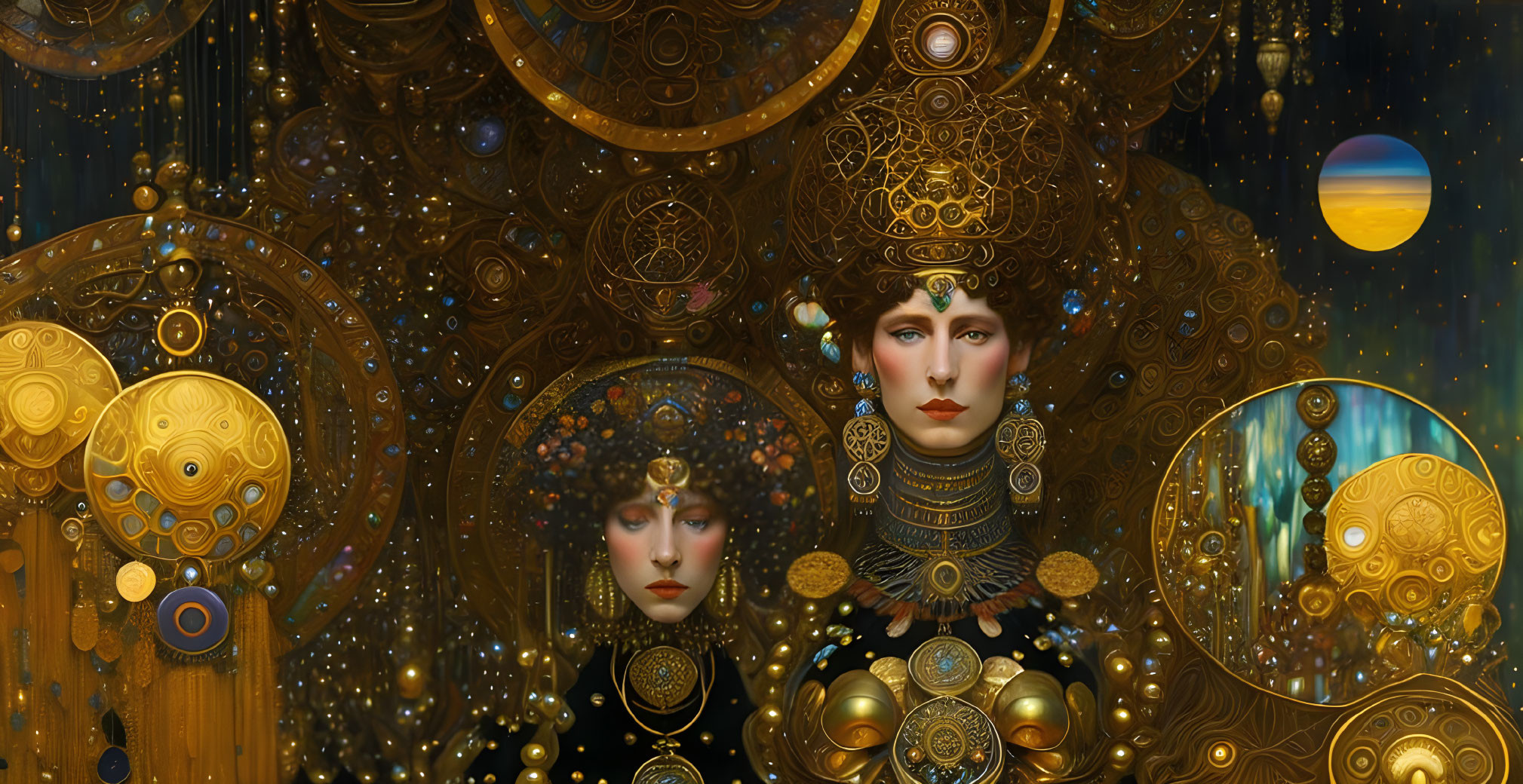 Detailed digital artwork of woman with golden headgear amidst mechanical designs & celestial bodies