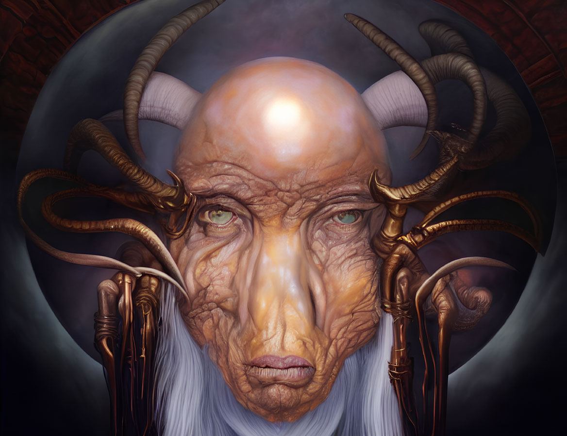 Illustration of aged mystical creature with horns, deep-set eyes, bald head, and flowing beard.