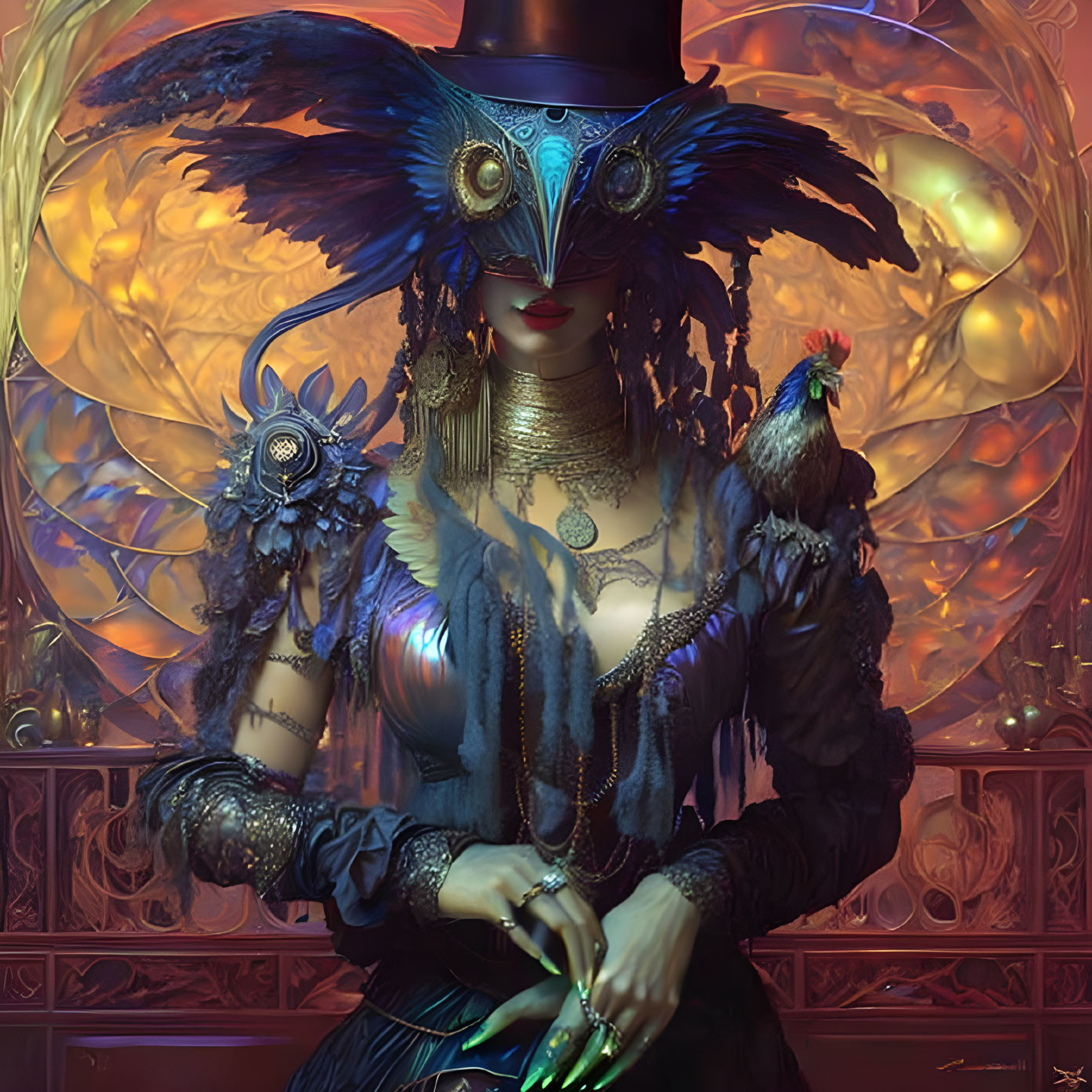 Masked Figure with Blue Feathers and Peacock in Fiery Surroundings