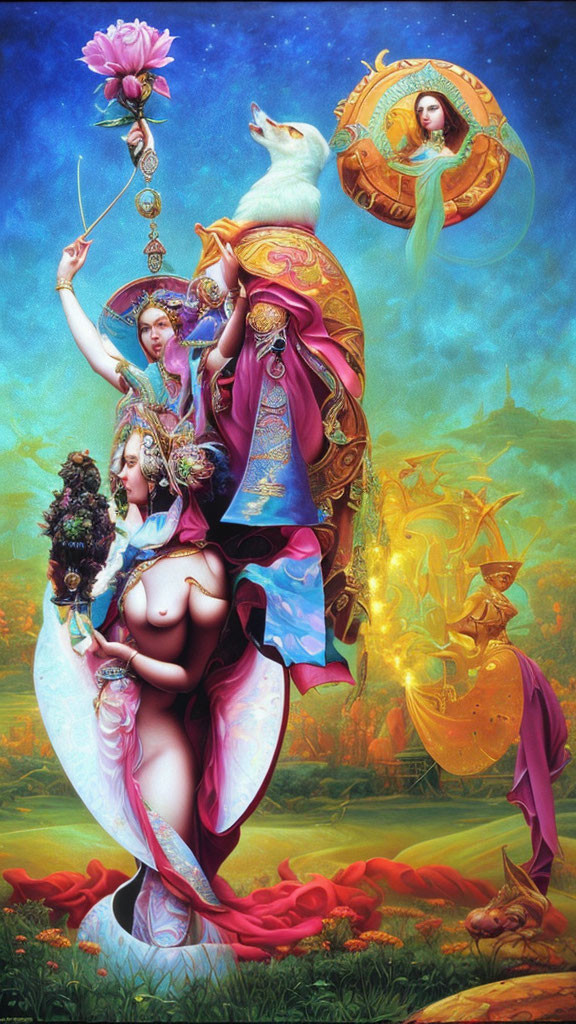 Colorful artwork featuring mythological figures, woman with lotus, white fox, and ethereal beings