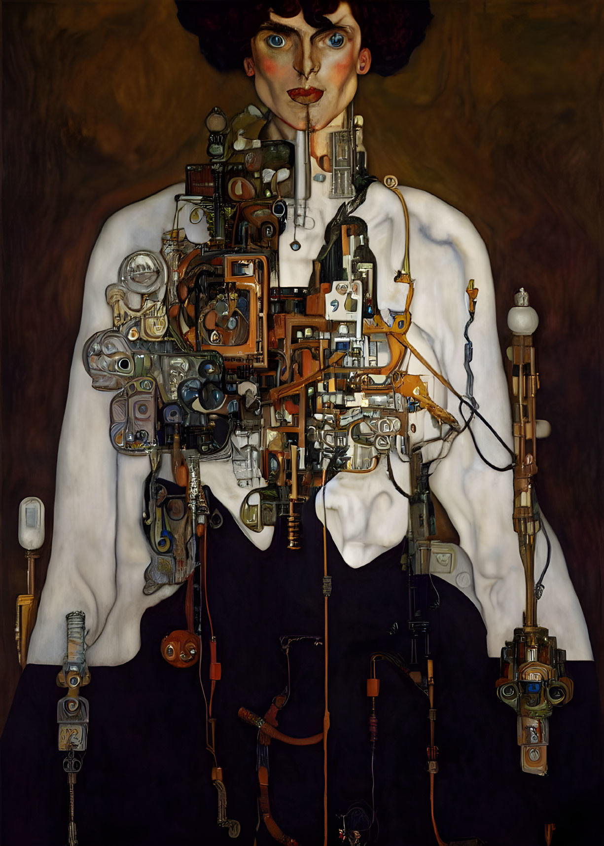 Portrait of Woman with Mechanical Torso on Dark Background