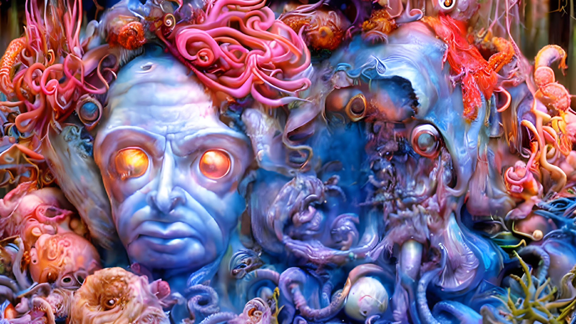 Colorful Surreal Artwork: Two Faces Amid Marine Textures