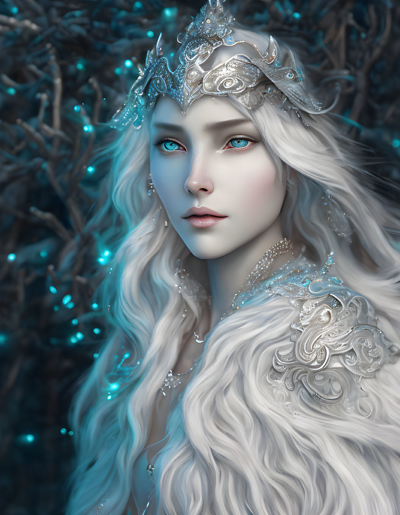 Portrait of a woman with pale skin, white hair, blue eyes, silver tiara.