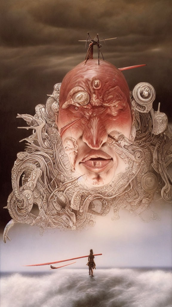 Surreal painting of upside-down head, intricate details, figures in clouds