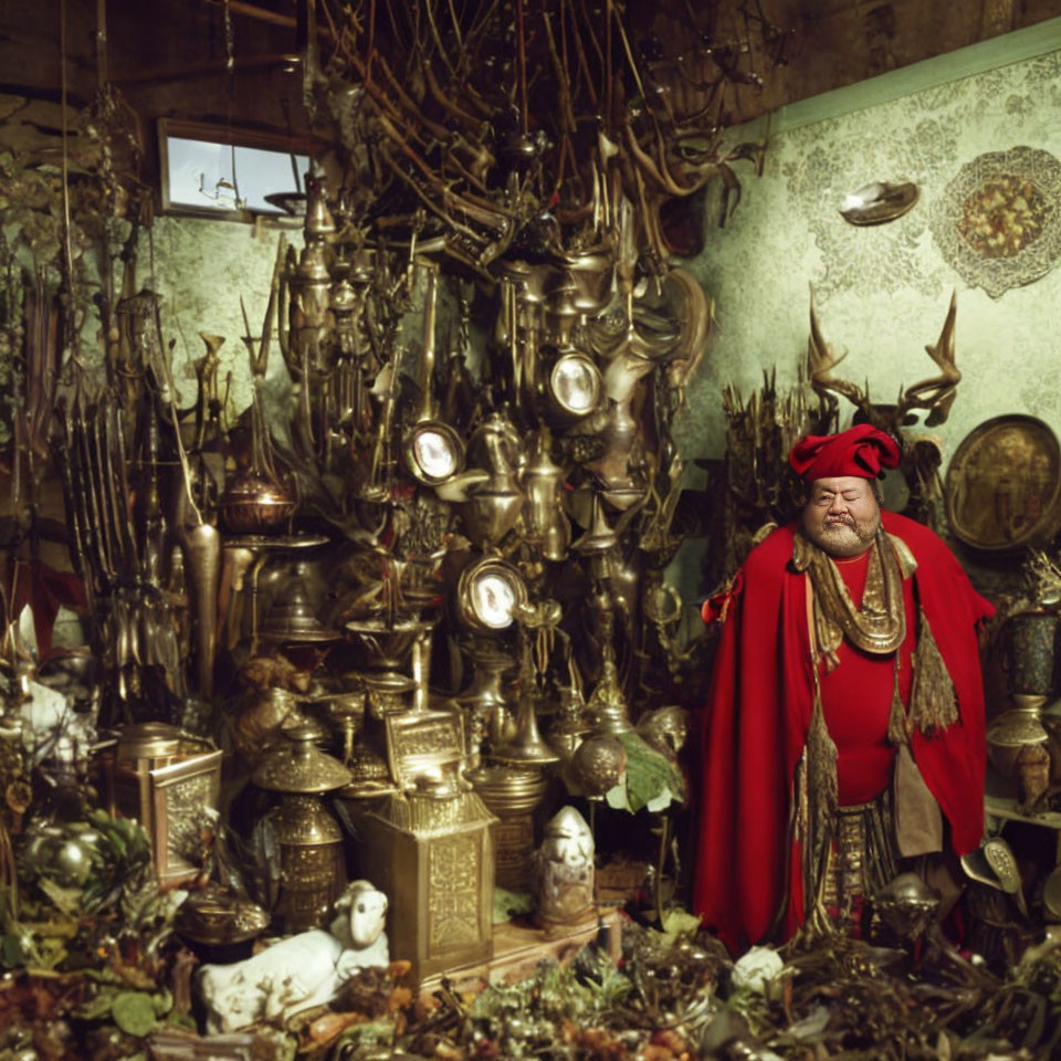 Vibrant red costume and turban amid antique artifacts