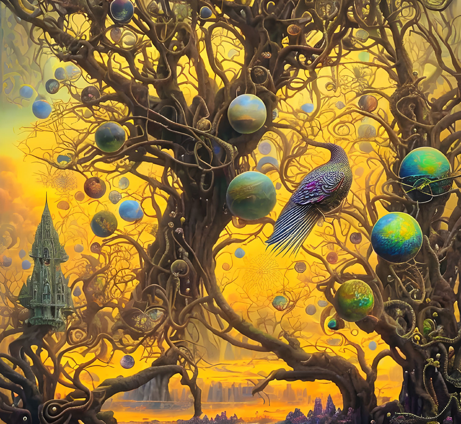 Starling perched in fantastical forest with spherical fruit trees on dreamlike backdrop