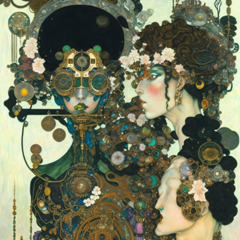 Surreal artwork of two figures with intricate headpieces in embrace