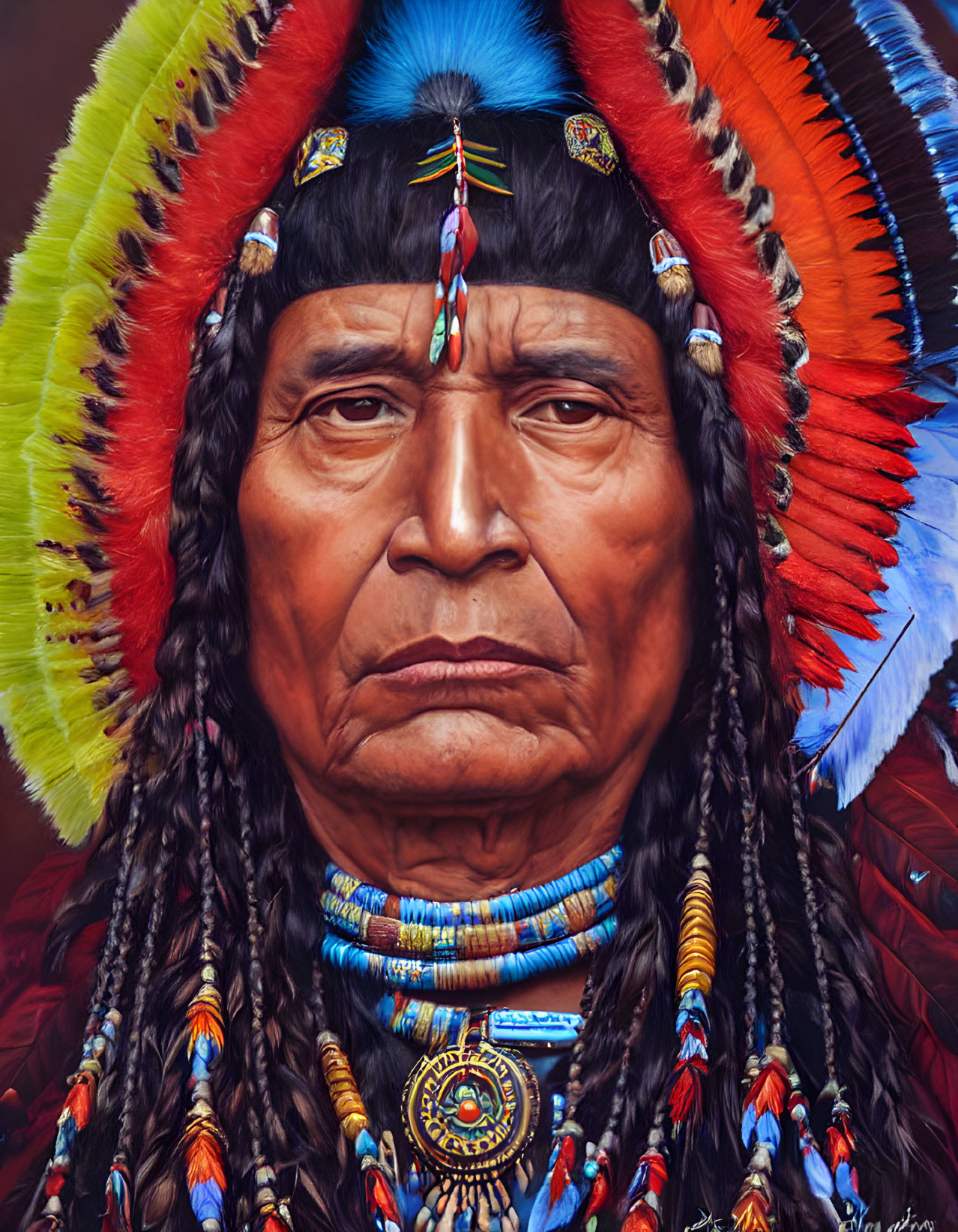 Native American Man in Feathered Headdress and Beaded Necklaces