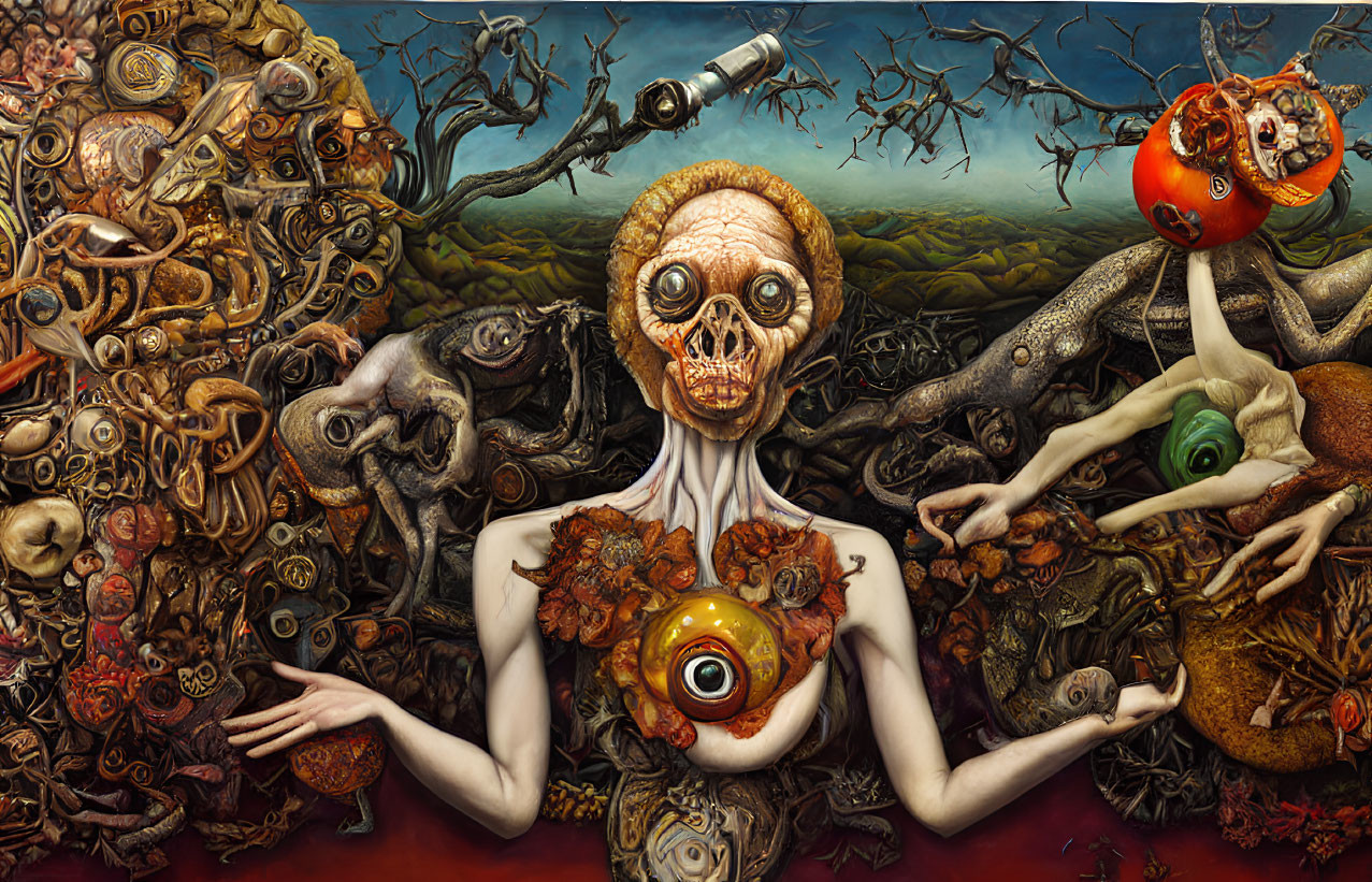 Surreal painting with skeletal figure, oversized eye, and chaotic landscapes