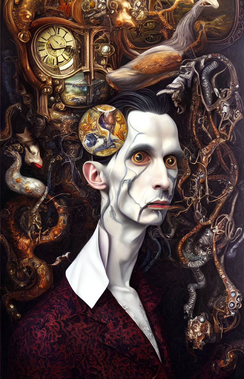 Pale man with wide eyes and visible brain surrounded by surreal elements