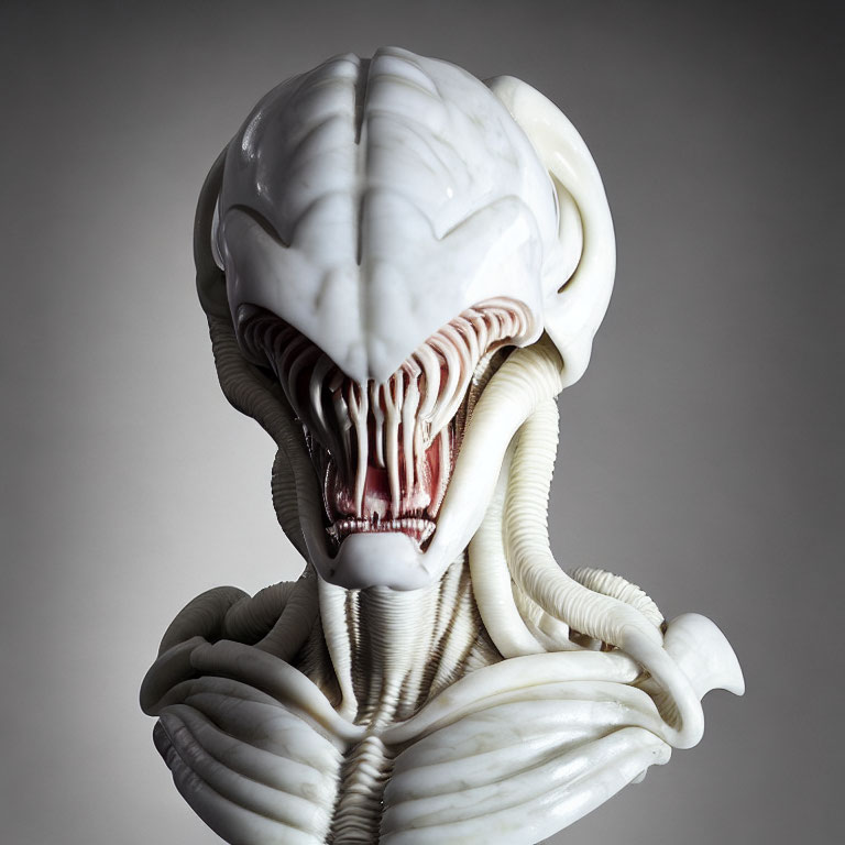 Detailed Xenomorph Sculpture with Elongated Skull on Grey Background