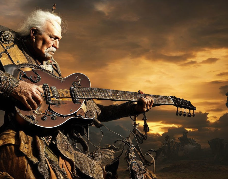 Elderly man plays ornate guitar at sunset with horse silhouettes