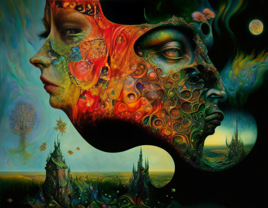 Surreal painting with merging faces, abstract patterns, and dreamlike landscape