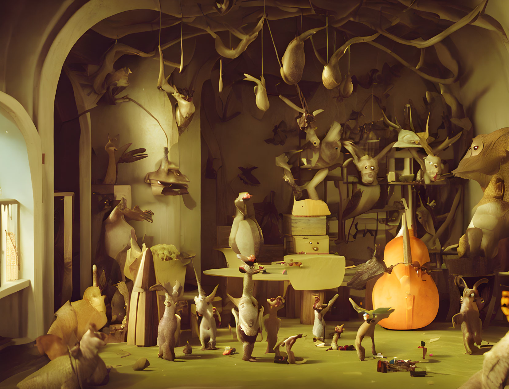 Anthropomorphic rabbits in cozy interior with vegetables and flying birds