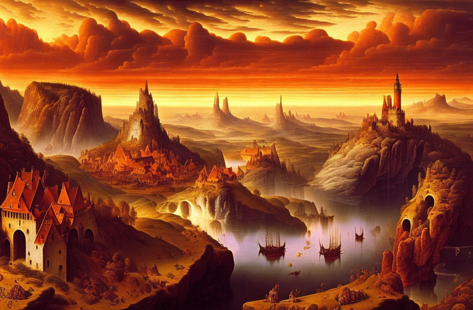 Fantasy landscape with castles, mountains, lake, and vibrant sunset sky