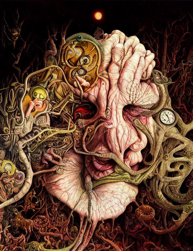 Surreal artwork featuring distorted humanoid face with clock elements, organic textures, and small figures