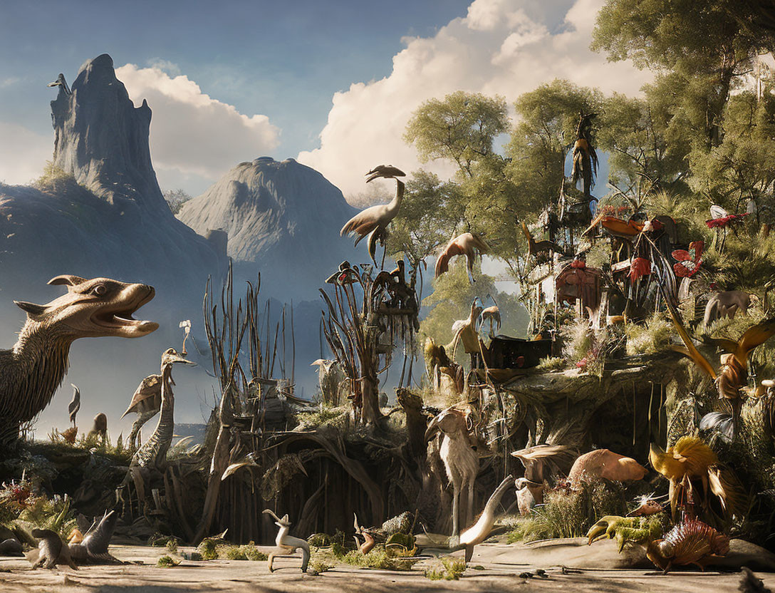 Fantastical landscape with diverse creatures and whimsical structures