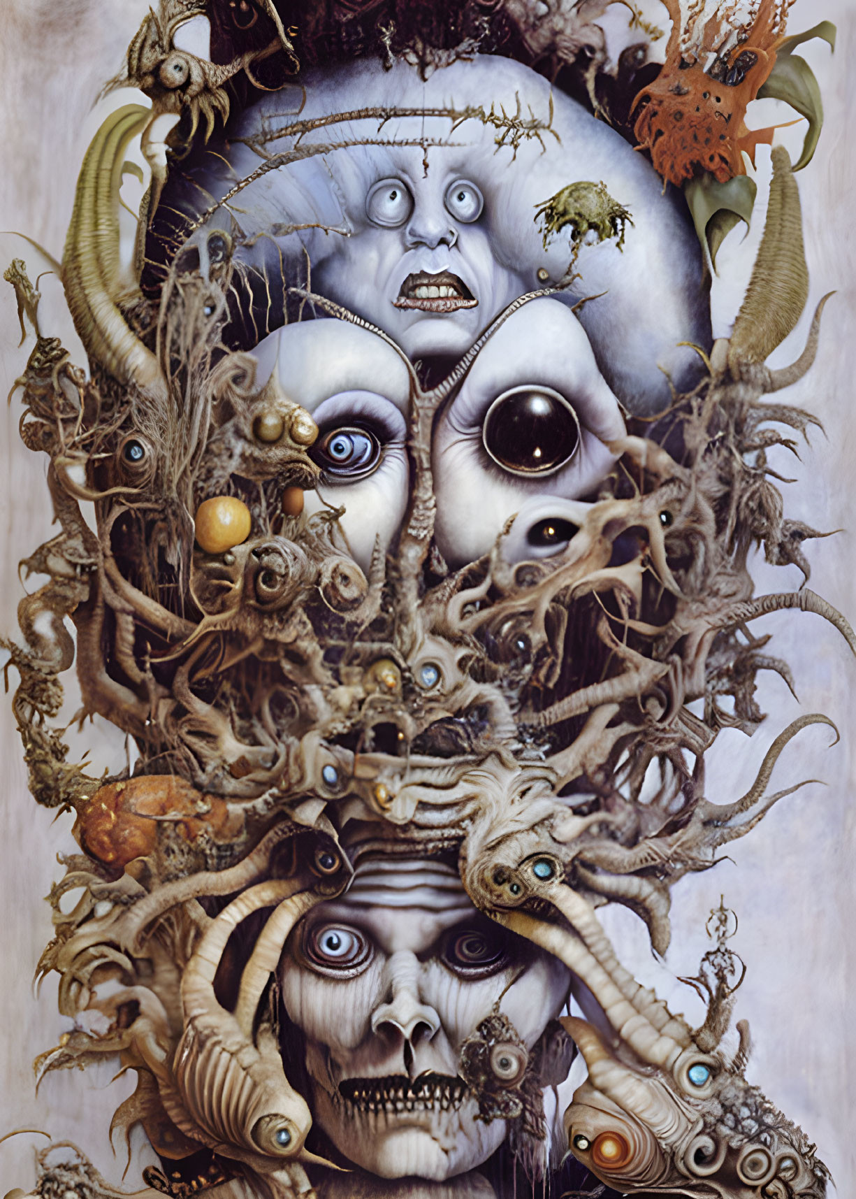 Surreal painting with multiple eyes, faces, tentacles, and fantasy elements