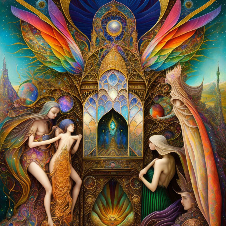 Colorful painting of ethereal beings with iridescent wings in celestial setting