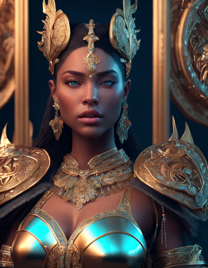 Regal woman in golden armor and ornate headdress with gemstones