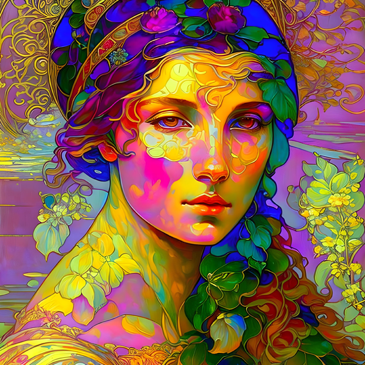 Colorful portrait of a woman with floral patterns in purple, yellow, and green.