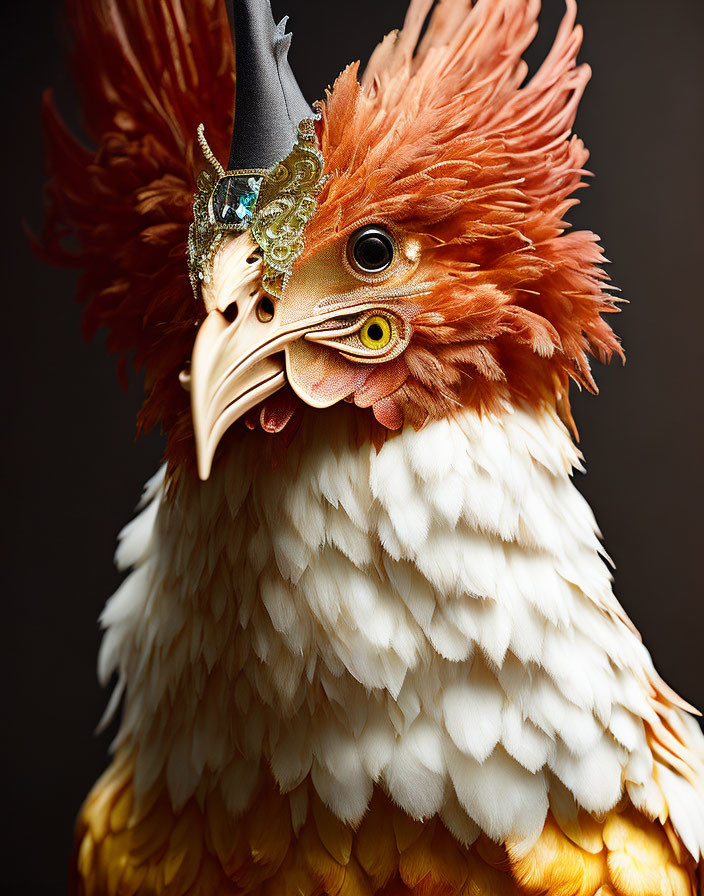 Colorful Chicken Portrait with Red and White Plumage and Ornate Mask