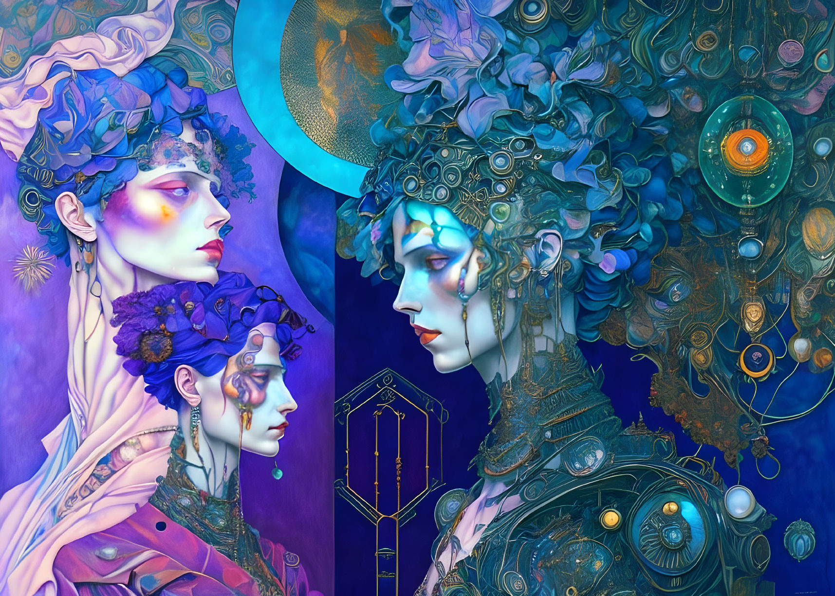 Colorful digital artwork of two stylized female figures with intricate hairstyles and ornate headdresses, set