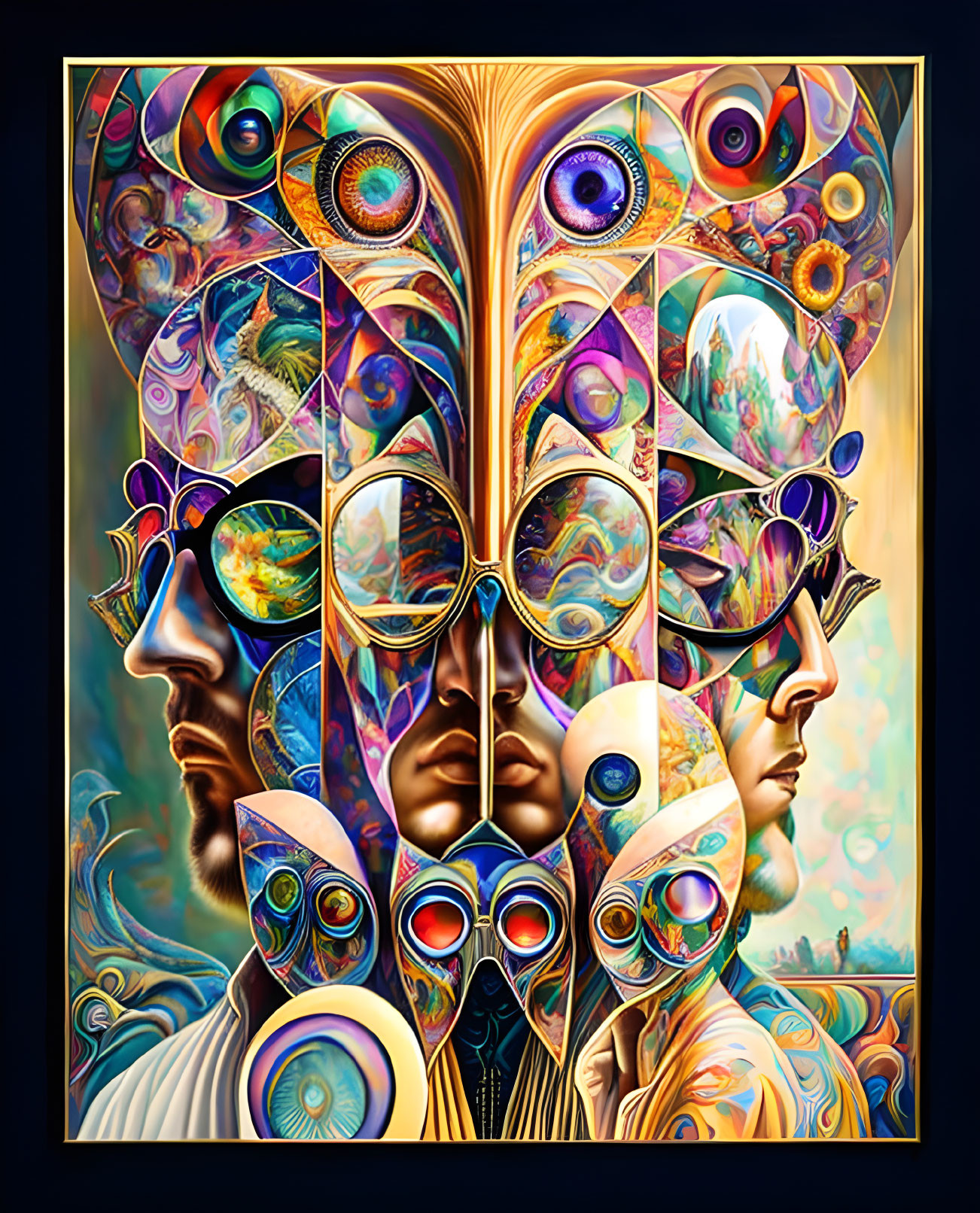 Abstract Psychedelic Digital Artwork with Multiple Faces and Surreal Elements