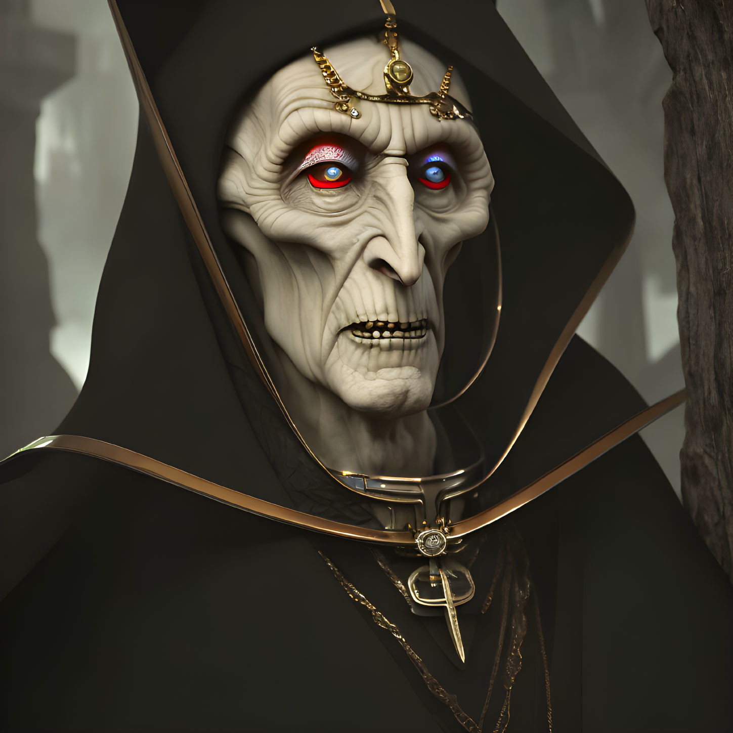 Sinister figure with pale skin and red eyes in black cloak with golden jewelry