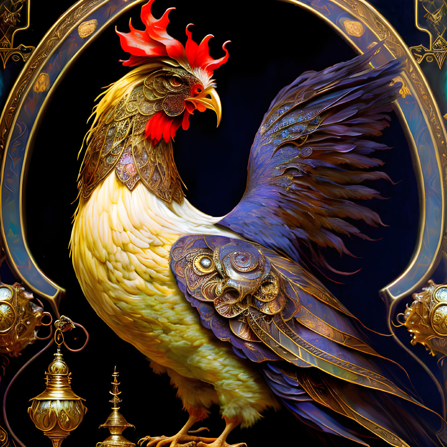 Colorful Rooster with Red Crest and Blue Feathers in Golden Decorative Frame