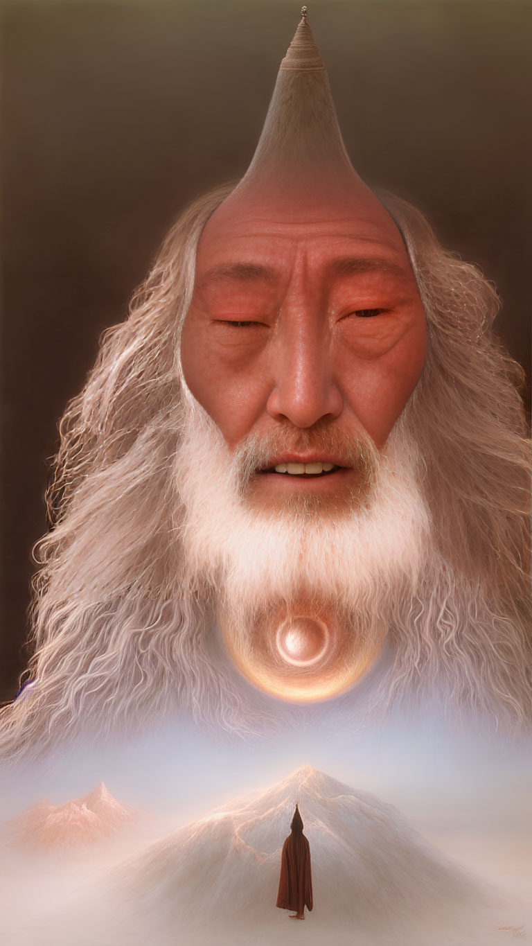 Elderly Asian sage with white beard and mystical landscape integration