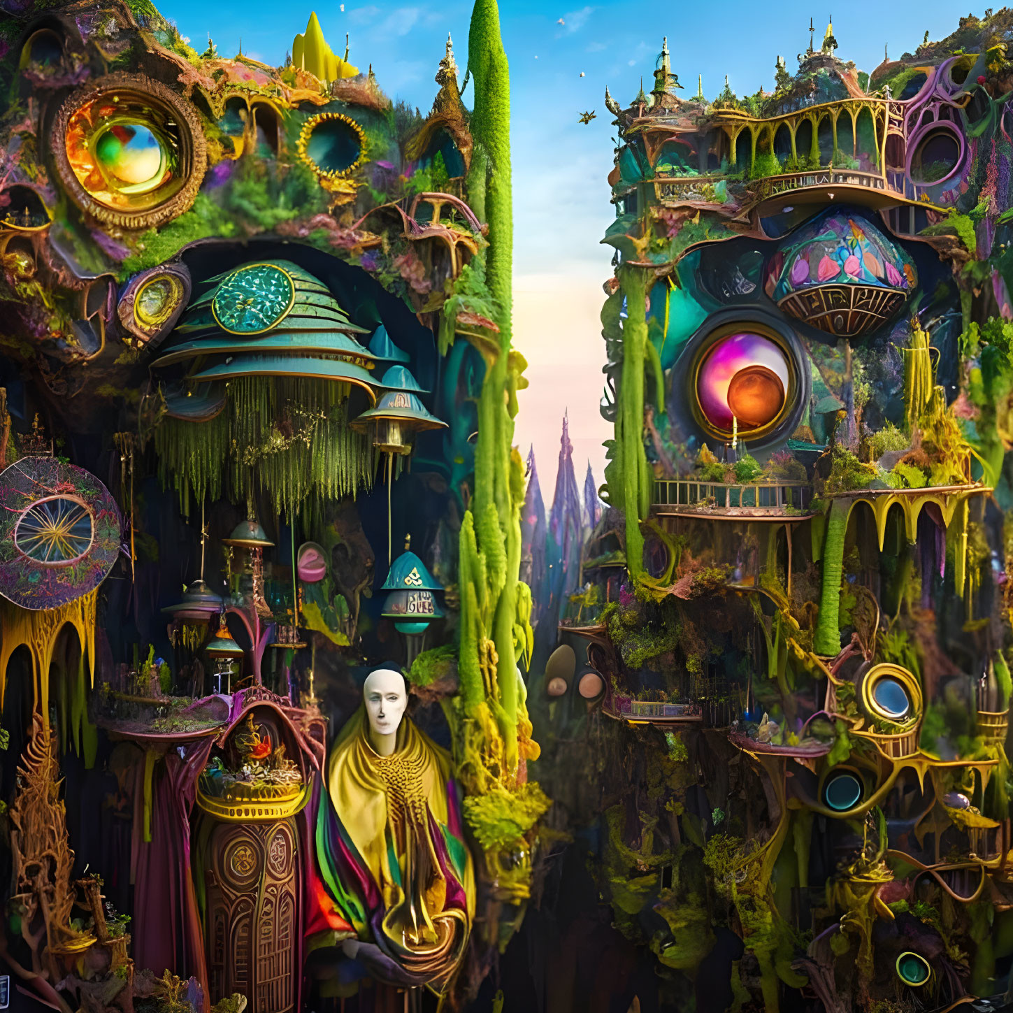 Vibrant whimsical artwork of fantasy landscape with robed figure