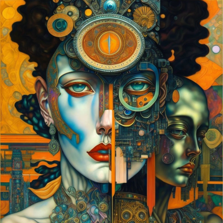 Fantastical portrait blending woman's face with mechanical elements