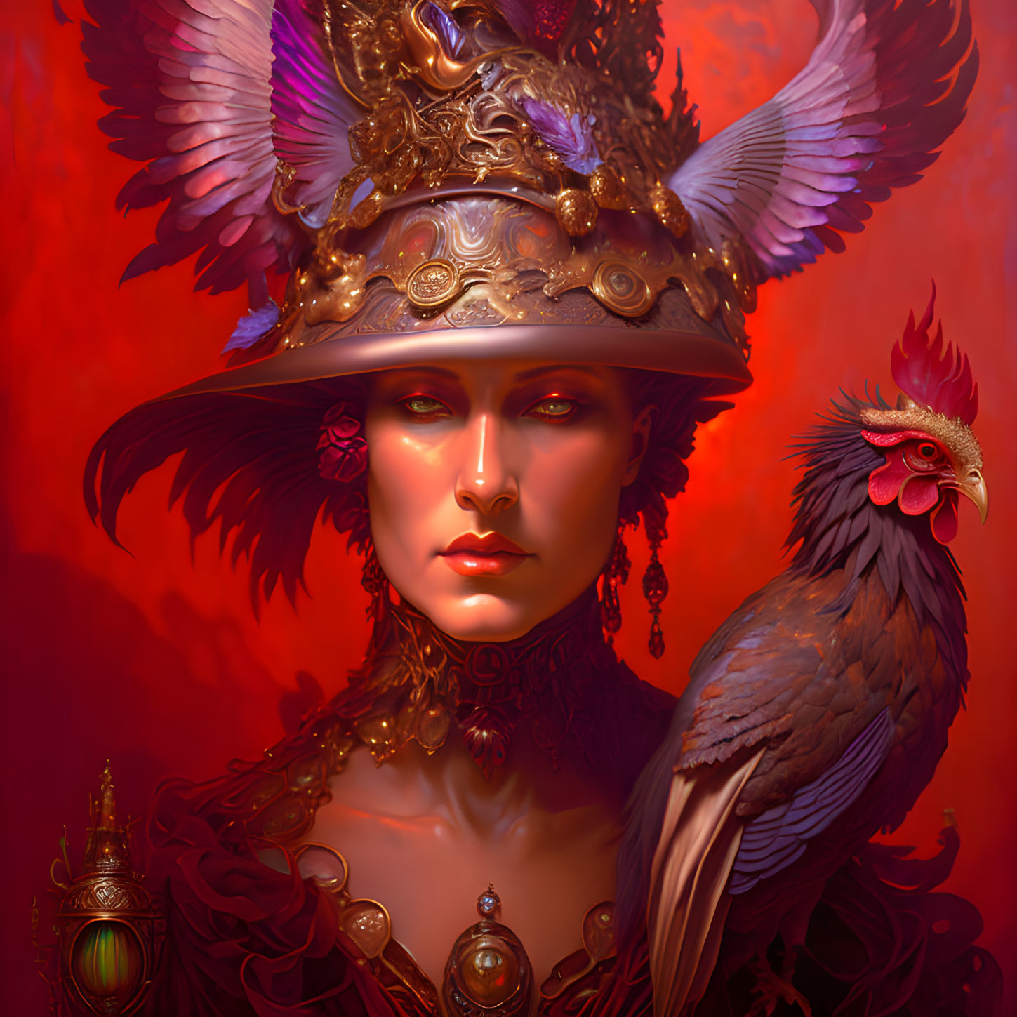 Stylized woman with ornate feathered helmet and rooster in red ambiance