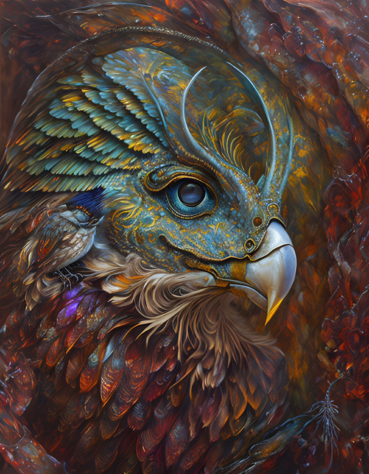 Detailed Owl Illustration in Vibrant Blue, Bronze, and Brown Feathers