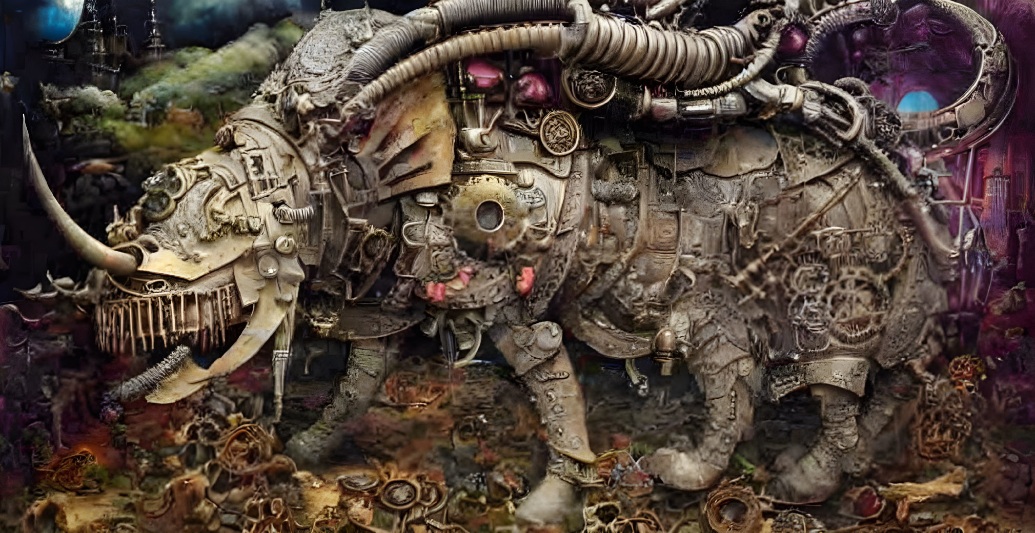 Intricate mechanical elephant in dystopian setting