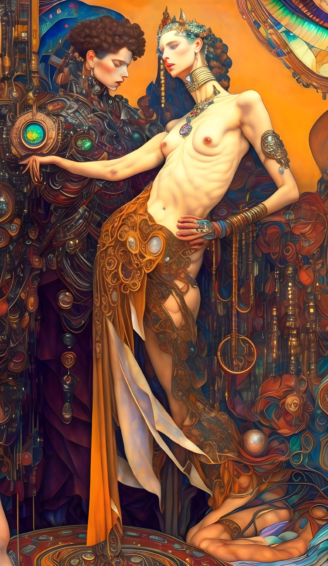 Fantasy artwork of two figures with metallic and peacock feather motifs