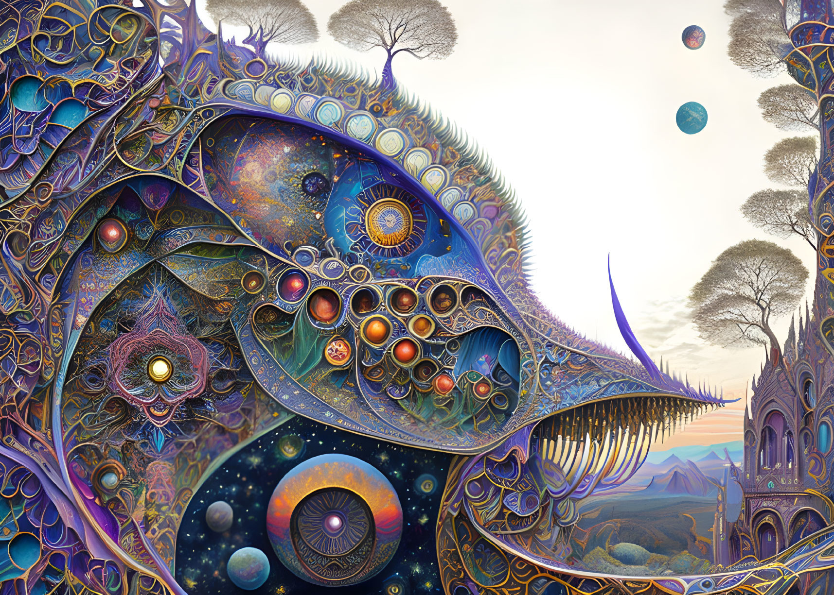 Fractal landscape with cosmic elements and floating spheres