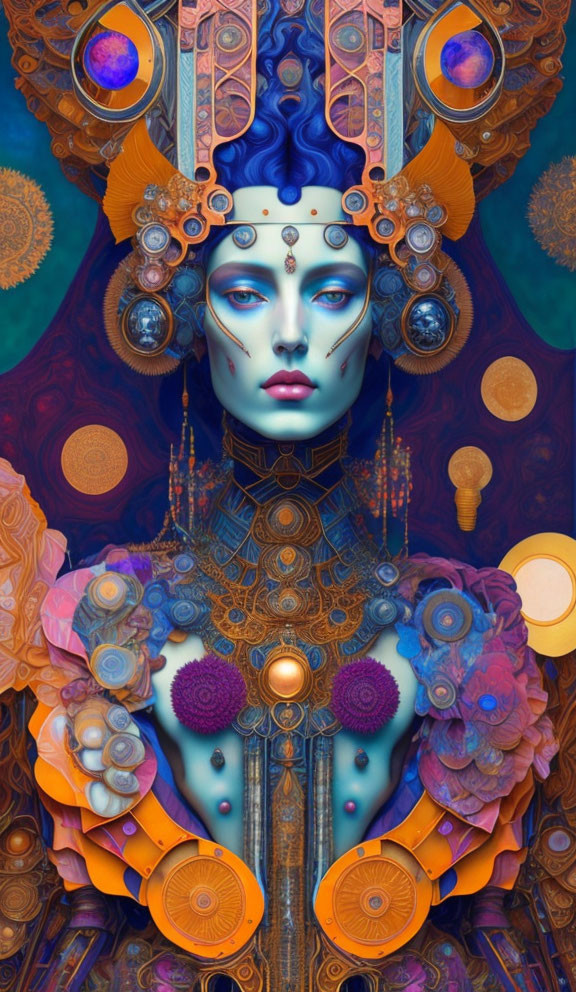 Vibrant digital artwork: surreal character with blue skin and golden armor