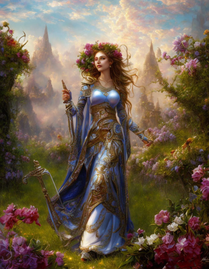 Regal figure in blue and gold dress in fantasy garden setting