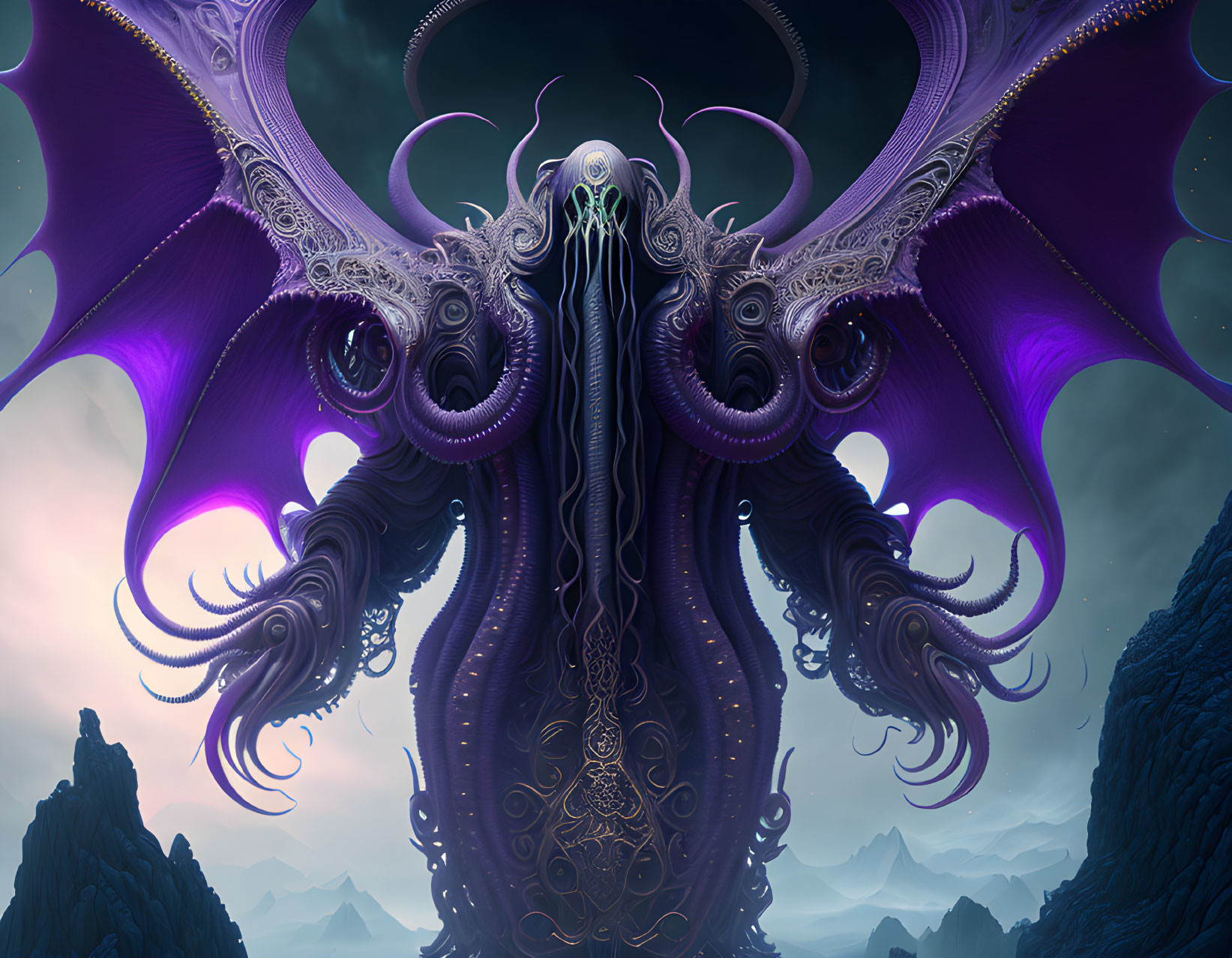 Purple-winged creature with tentacles in mystical landscape.