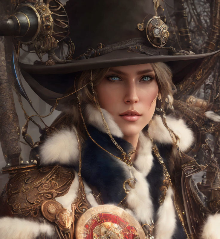 Close-up of woman with blue eyes in wide-brimmed hat, fur cloak, and golden armor