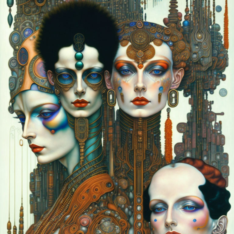 Three stylized futuristic faces with intricate adornments and makeup in an otherworldly setting.